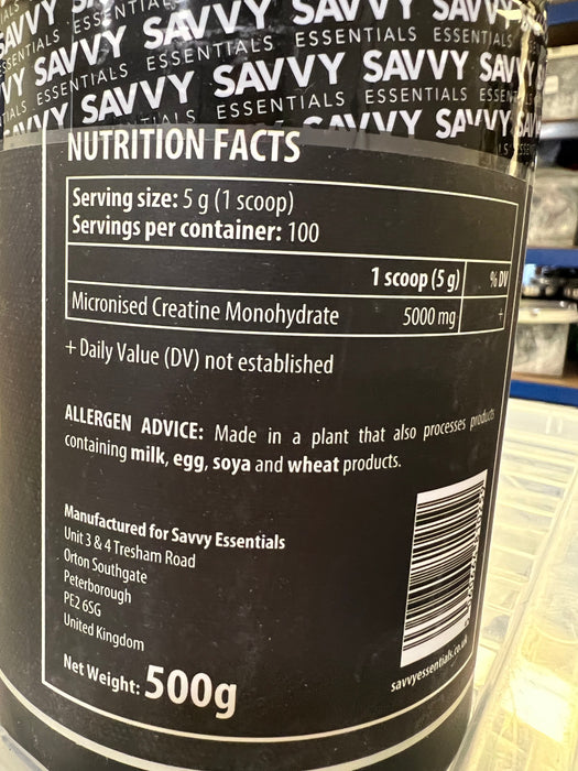 Savvy Essentials Creatine Monohydrate 500g (100 Servings) - BBE November 2025